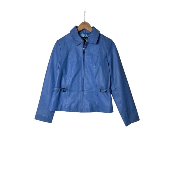 Vintage Y2K Blue Leather Jacket Collared Button Up Womens S 1847 - Picture 1 of 4